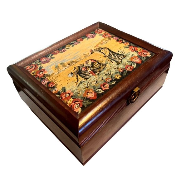 Vtg Wooden Jewelry Box Tapestry Top Yellow Velvet Lining Tray Mirror - Picture 1 of 10